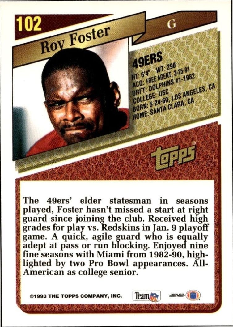 1993 Topps Roy Foster #102 football trading card back