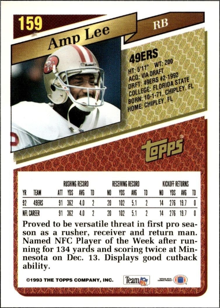1993 Topps Amp Lee #159 football trading card back