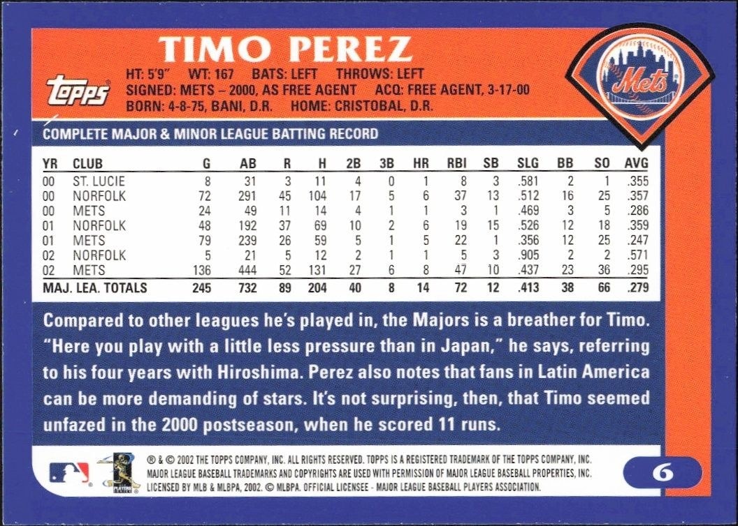 2003 Topps Timo Perez #6 baseball trading card back