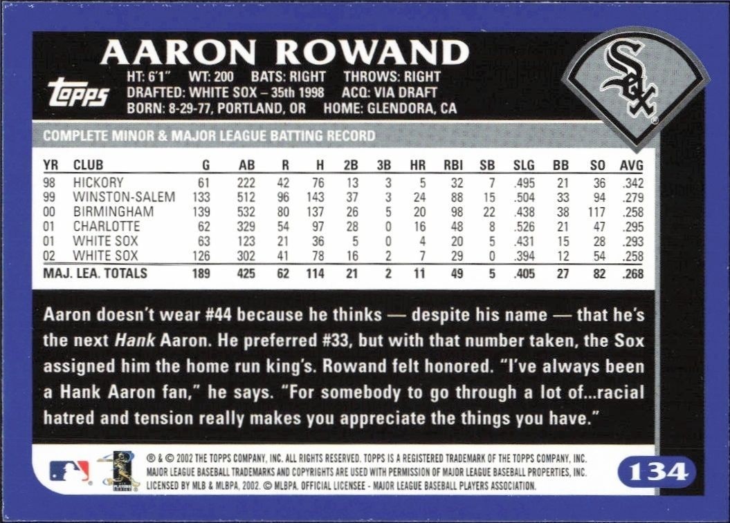 2003 Topps Aaron Rowand #134 baseball trading card back