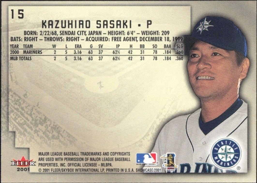 2001 Fleer Showcase Kazuhiro Sasaki #15 baseball trading card back