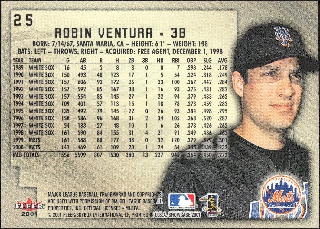 2001 Fleer Showcase Robin Ventura #25 baseball trading card back
