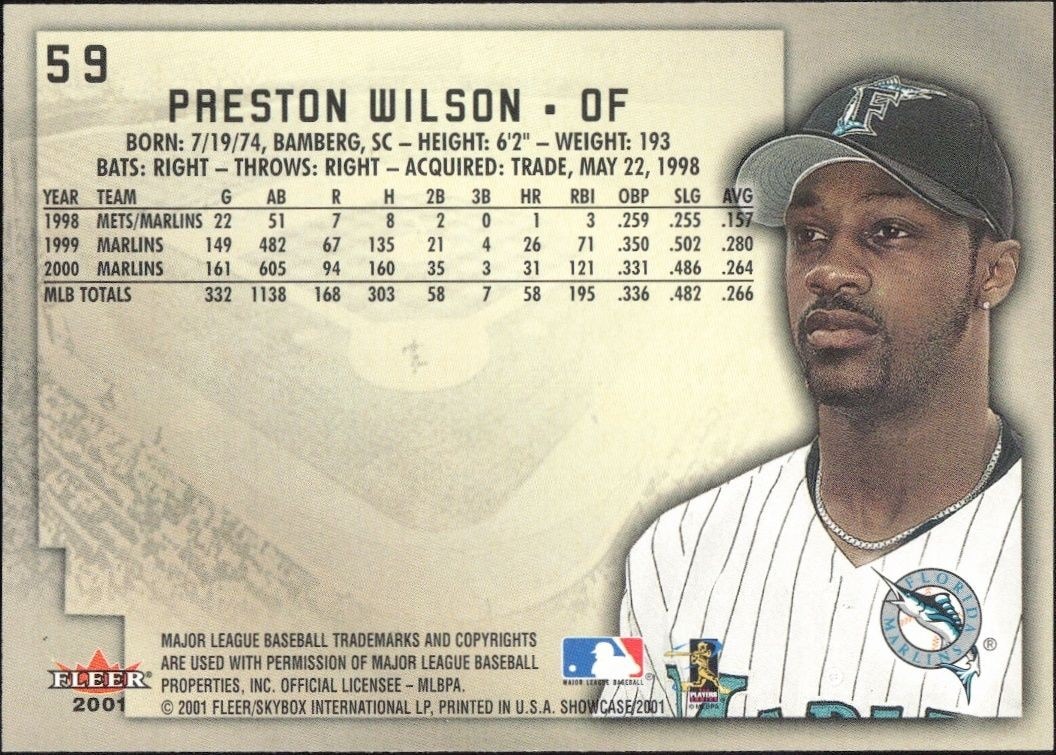 2001 Fleer Showcase Preston Wilson #59 baseball trading card back