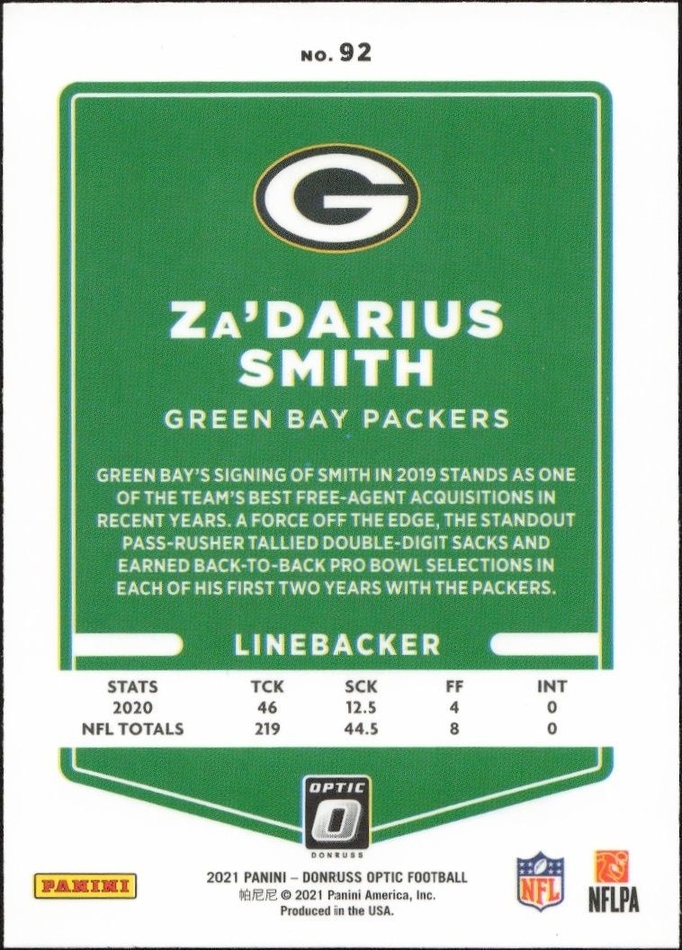 2021 Panini Donruss Optic Za'Darius Smith #92 football trading card back