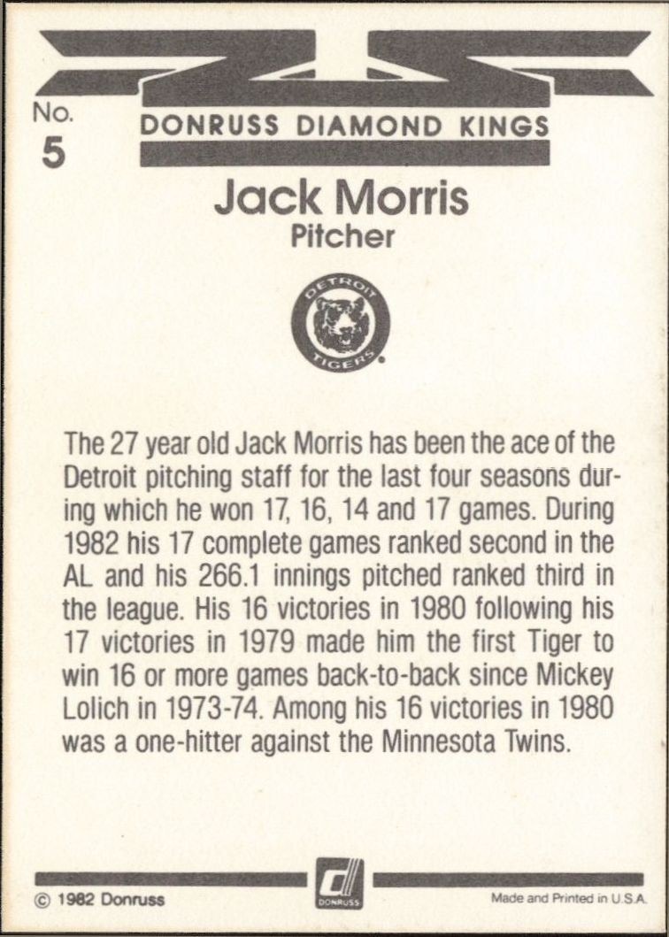 1983 Donruss Jack Morris #5 baseball trading card back