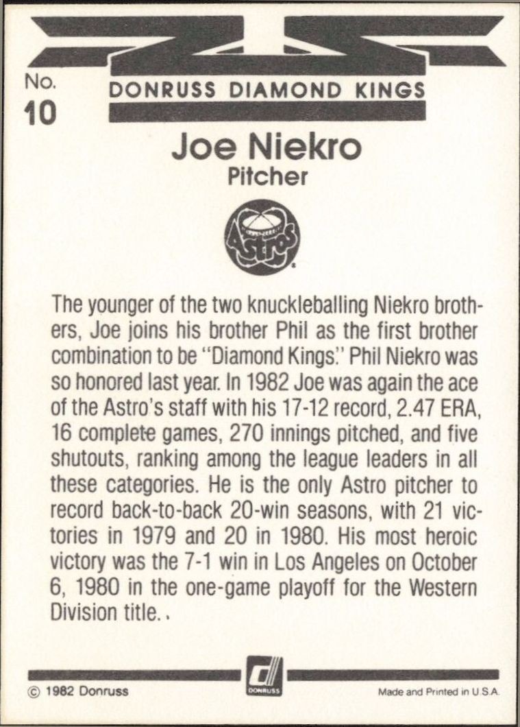 1983 Donruss Joe Niekro #10 baseball trading card back