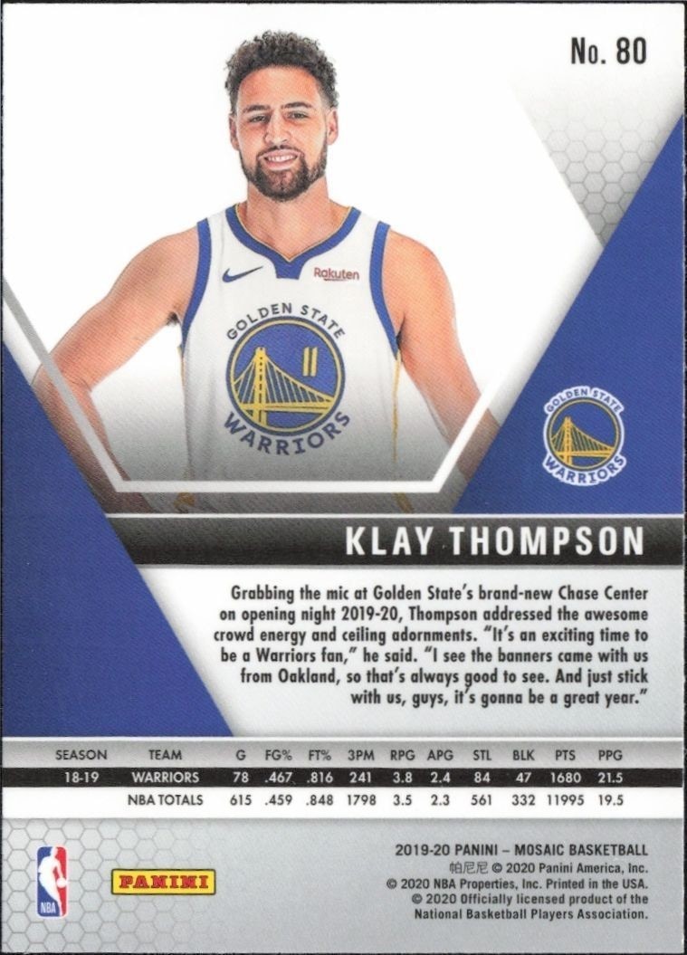 2019-20 Panini Mosaic Klay Thompson #80 basketball trading card back