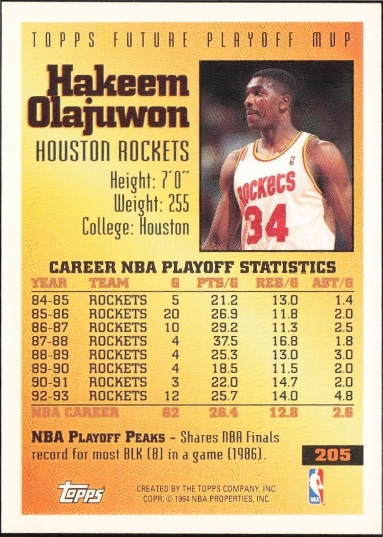 1993-94 Topps Hakeem Olajuwon #205 basketball trading card back