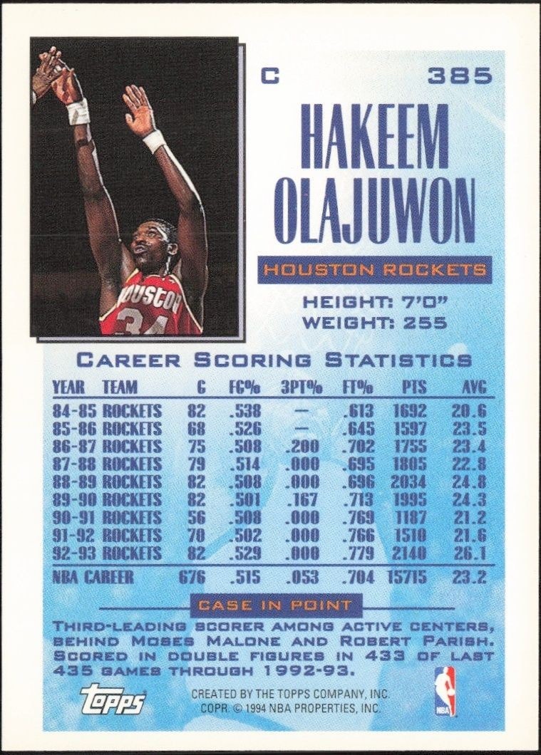 1993-94 Topps Hakeem Olajuwon #385 basketball trading card back