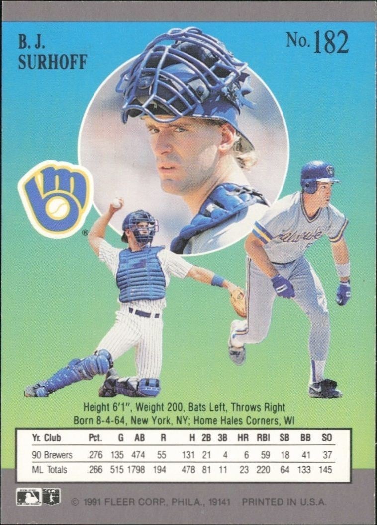 1991 Fleer Ultra B.J. Surhoff #182 baseball trading card back