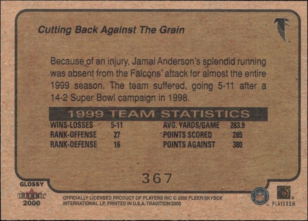 2000 Fleer Tradition Glossy Jamal Anderson #367 football trading card back