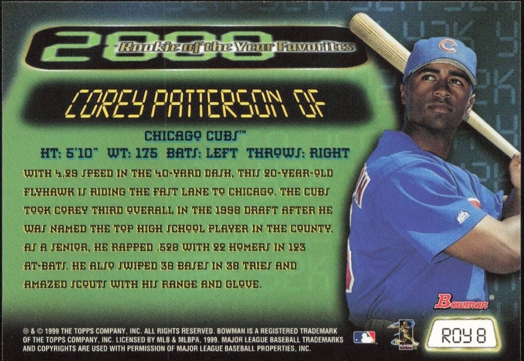 1999 Bowman Corey Patterson #ROY8 baseball trading card back