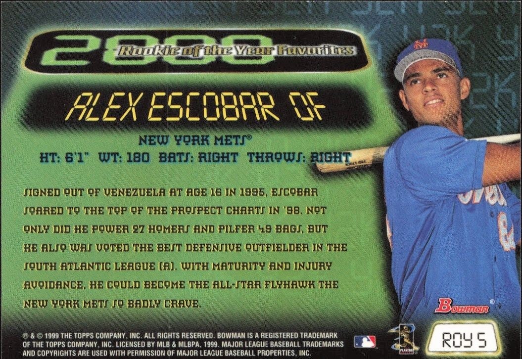 1999 Bowman Alex Escobar #ROY5 baseball trading card back