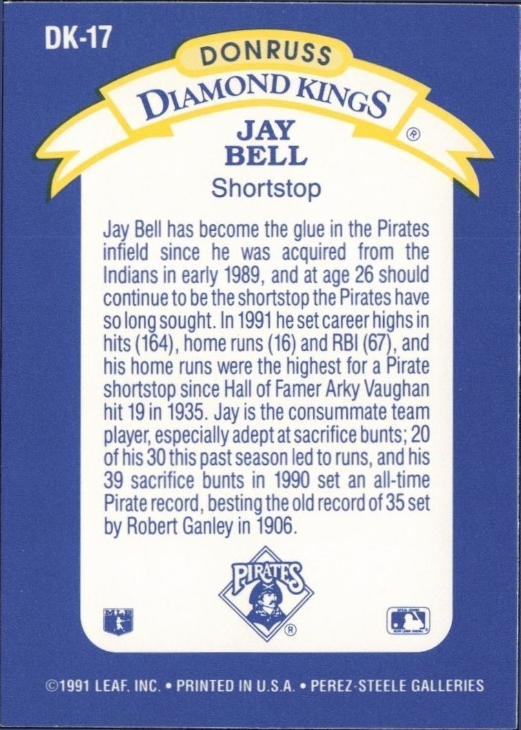 1992 Donruss Jay Bell #DK-17 baseball trading card back