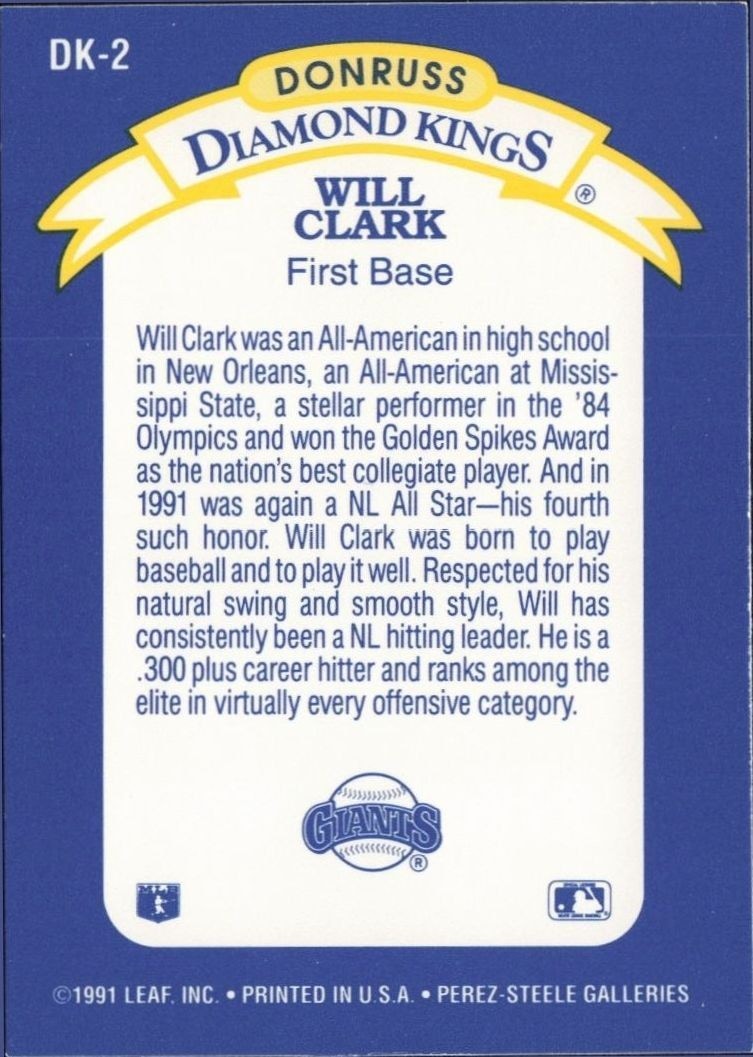 1992 Donruss Will Clark #DK-2 baseball trading card back
