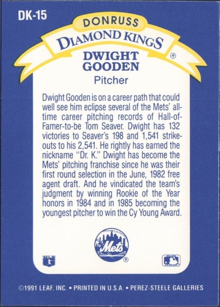 1992 Donruss Dwight Gooden #DK-15 baseball trading card back
