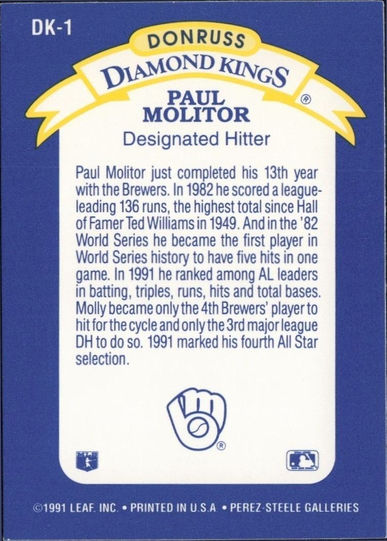 1992 Donruss Paul Molitor #DK-1 baseball trading card back