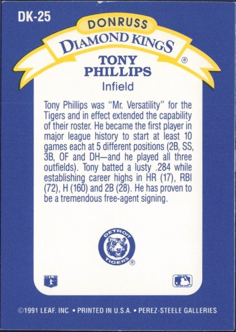 1992 Donruss Tony Phillips #DK-25 baseball trading card back