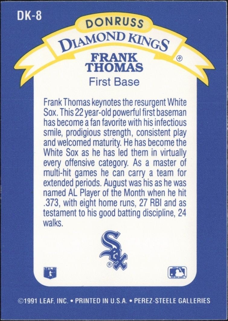 1992 Donruss Frank Thomas #DK-8 baseball trading card back