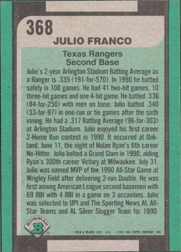 1991 Bowman Julio Franco #368 baseball trading card back