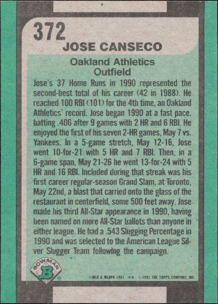 1991 Bowman Jose Canseco #372 baseball trading card back