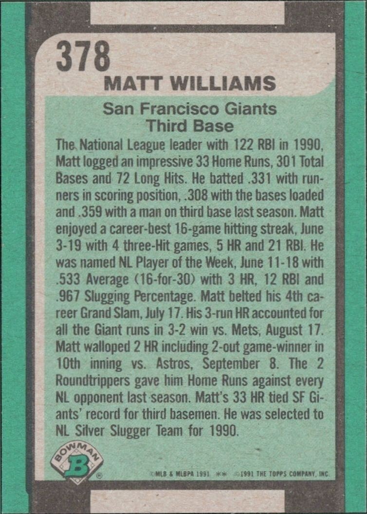 1991 Bowman Matt Williams #378 baseball trading card back