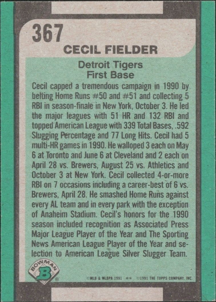 1991 Bowman Cecil Fielder #367 baseball trading card back
