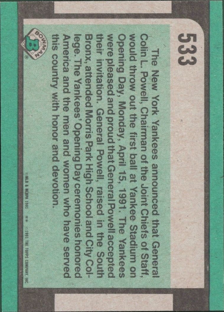 1991 Bowman General Colin L. Powell #533 baseball trading card back