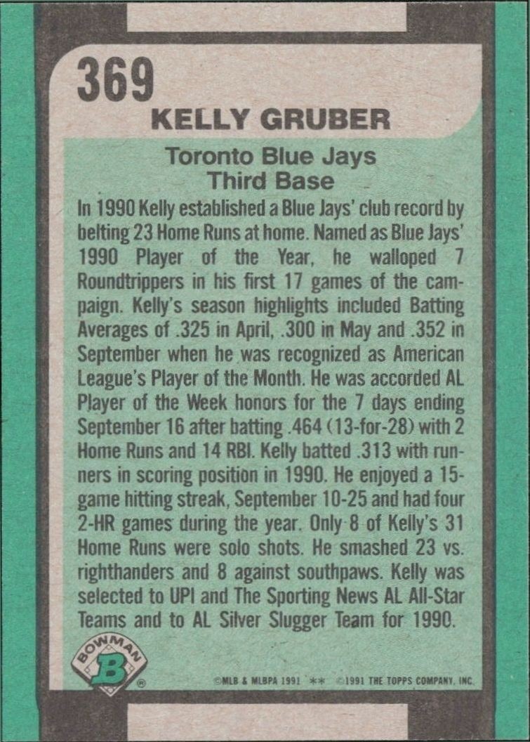 1991 Bowman Kelly Gruber #369 baseball trading card back