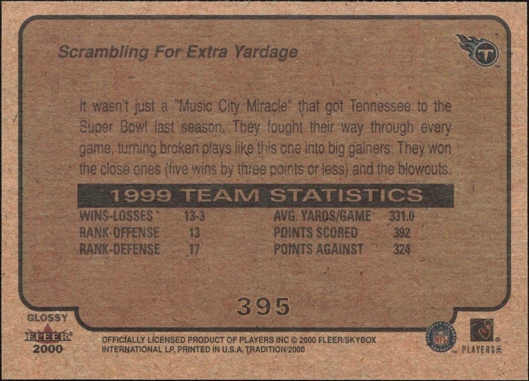 2000 Fleer Tradition Glossy Tennessee Titans #395 football trading card back