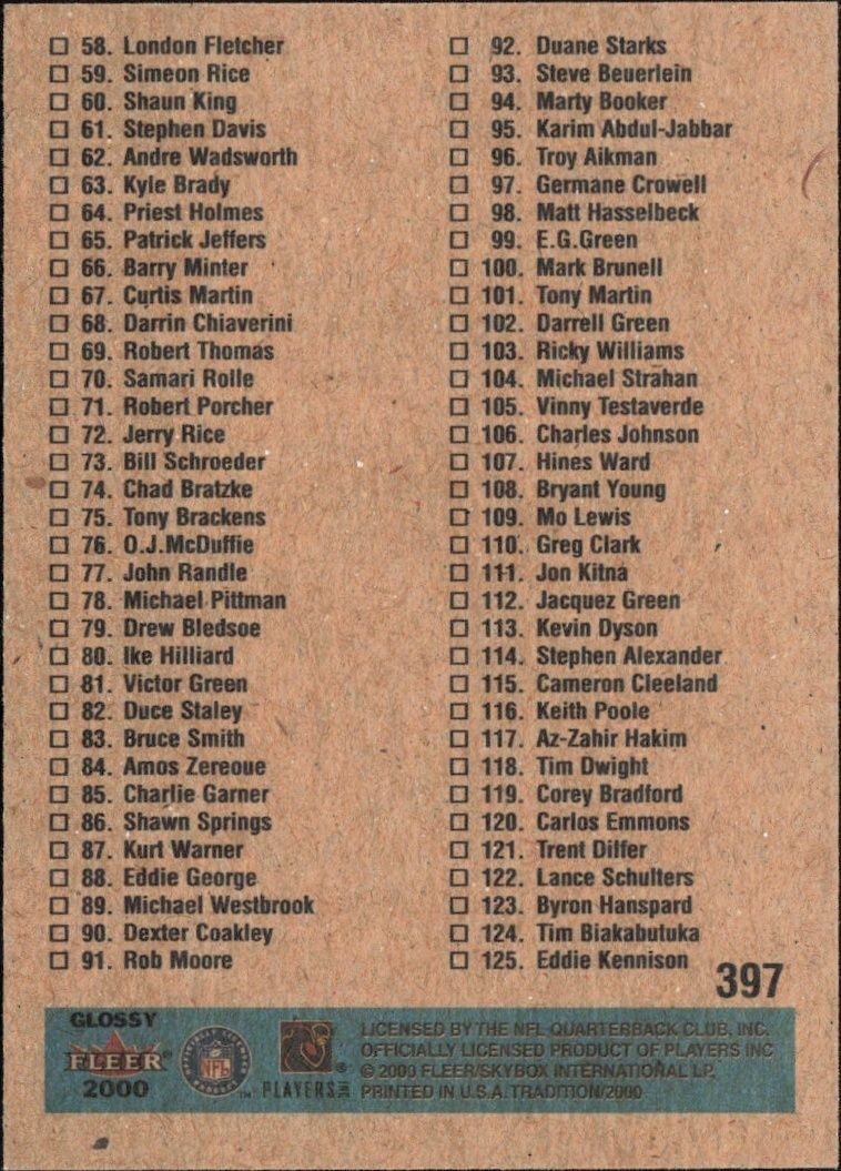 2001 Fleer Tradition Glossy Checklist #NNO football trading card back