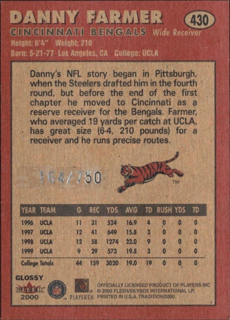 2000 Fleer Tradition Glossy Danny Farmer #430 football trading card back