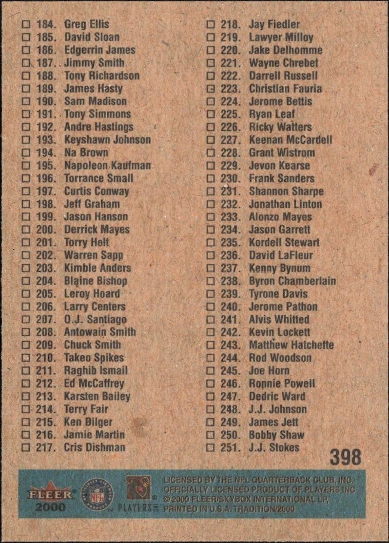 2002 Fleer Tradition Glossy Checklist #NNO football trading card back