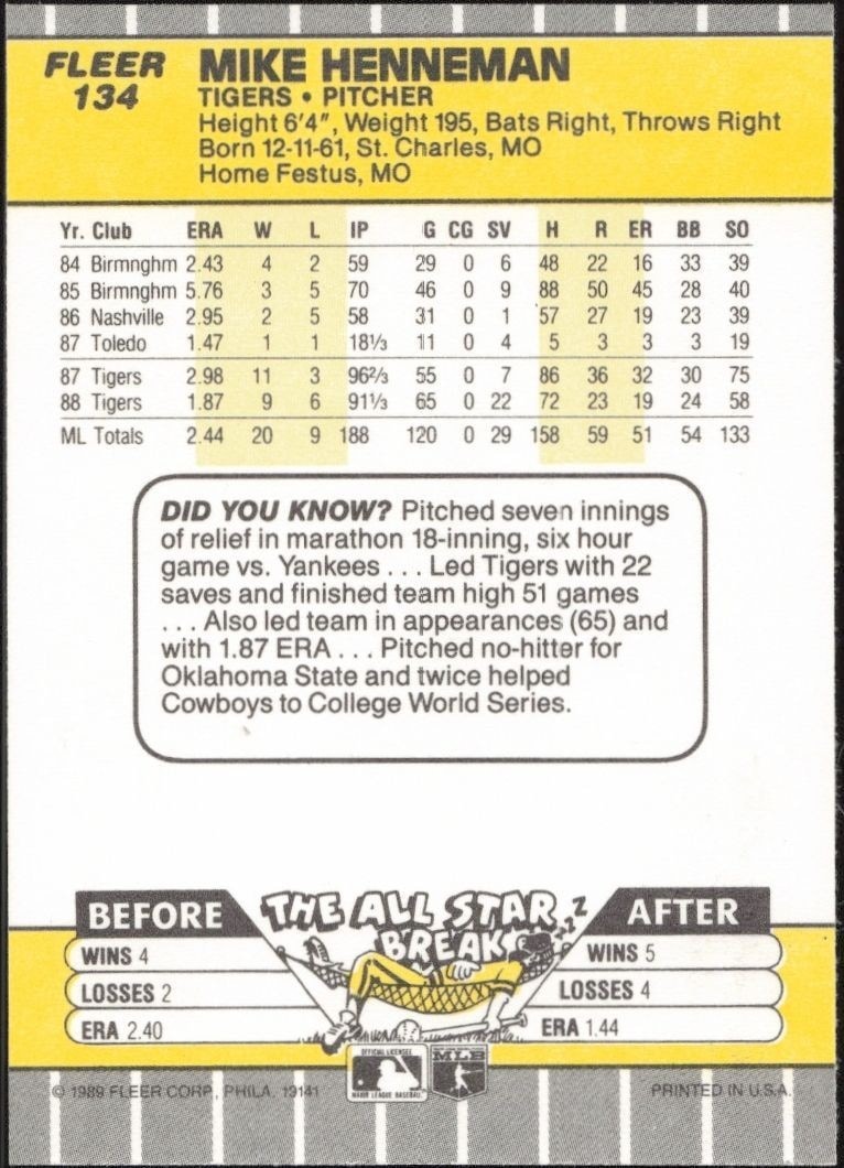 1989 Fleer Mike Henneman #134 baseball trading card back