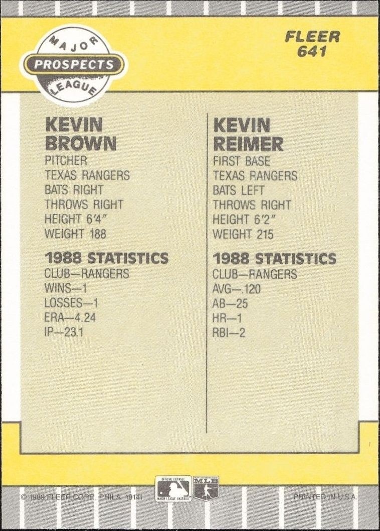 1989 Fleer Kevin Brown #641 baseball trading card back