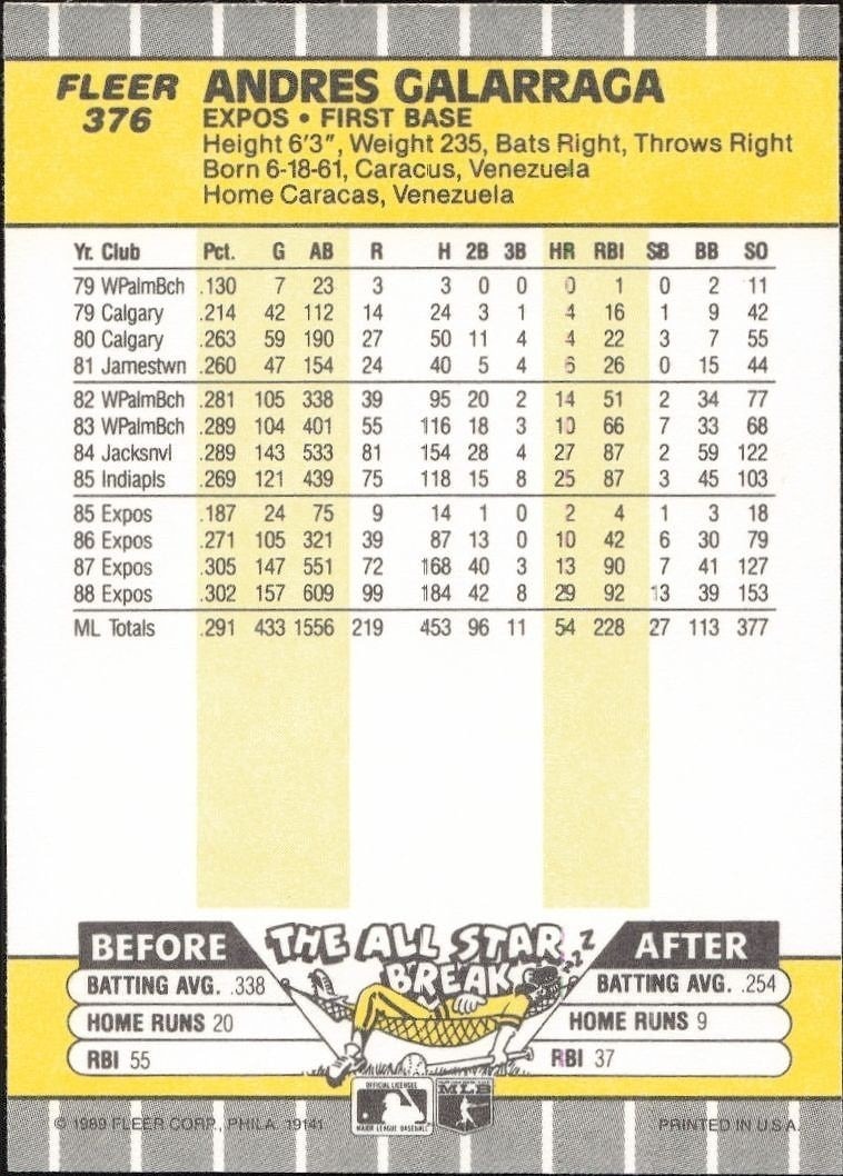 1989 Fleer Andres Galarraga #376 baseball trading card back