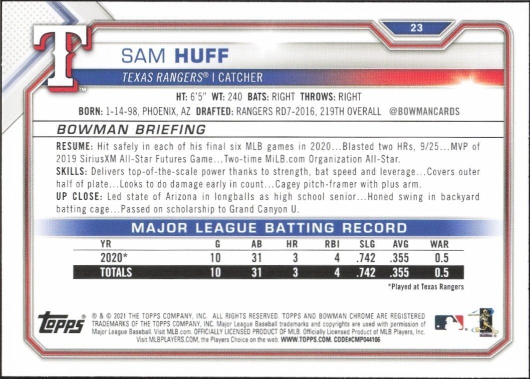 2021 Bowman Sam Huff #23 baseball trading card back