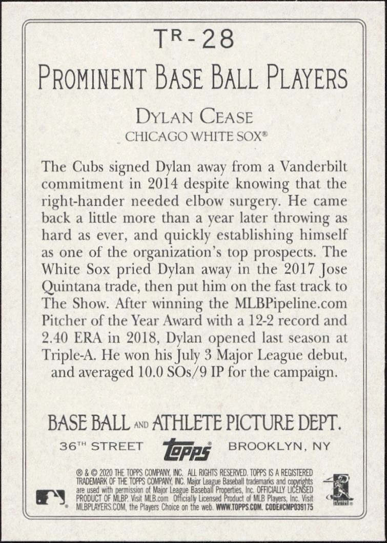 2020 Topps Dylan Cease #TR-28 baseball trading card back