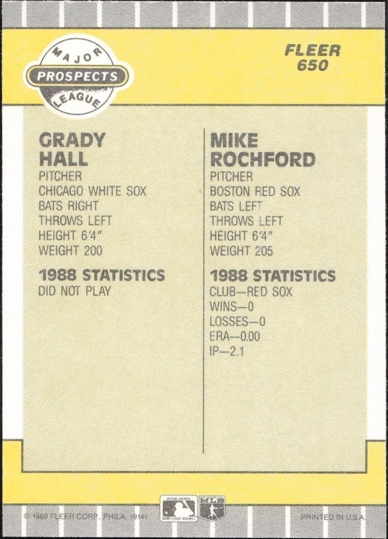 1989 Fleer Grady Hall #650 baseball trading card back