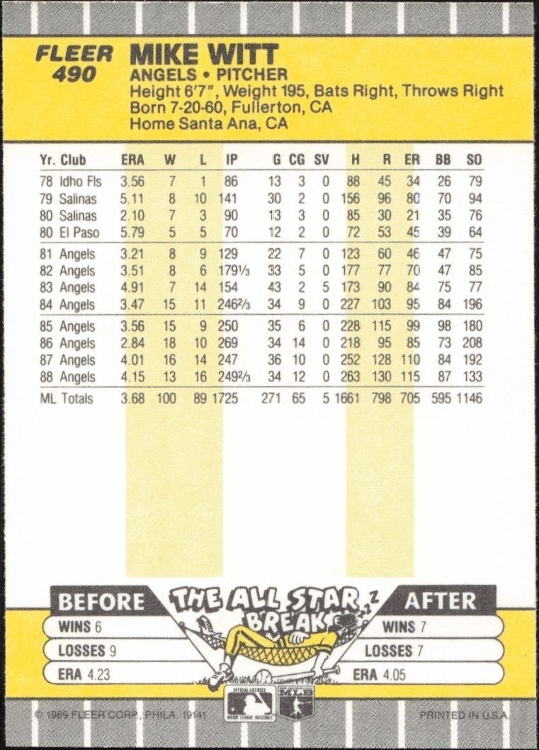 1989 Fleer Mike Witt #490 baseball trading card back
