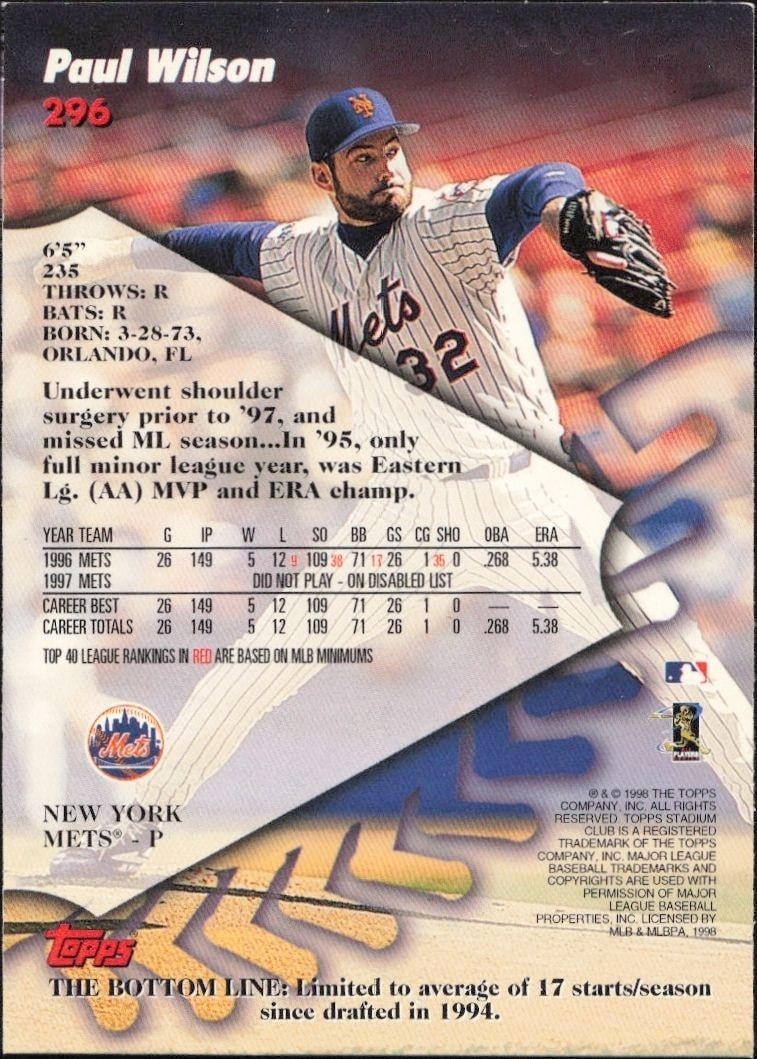 1998 Topps Stadium Club Paul Wilson #296 baseball trading card back