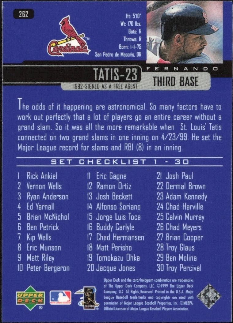 2000 Upper Deck Fernando Tatis #262 baseball trading card back