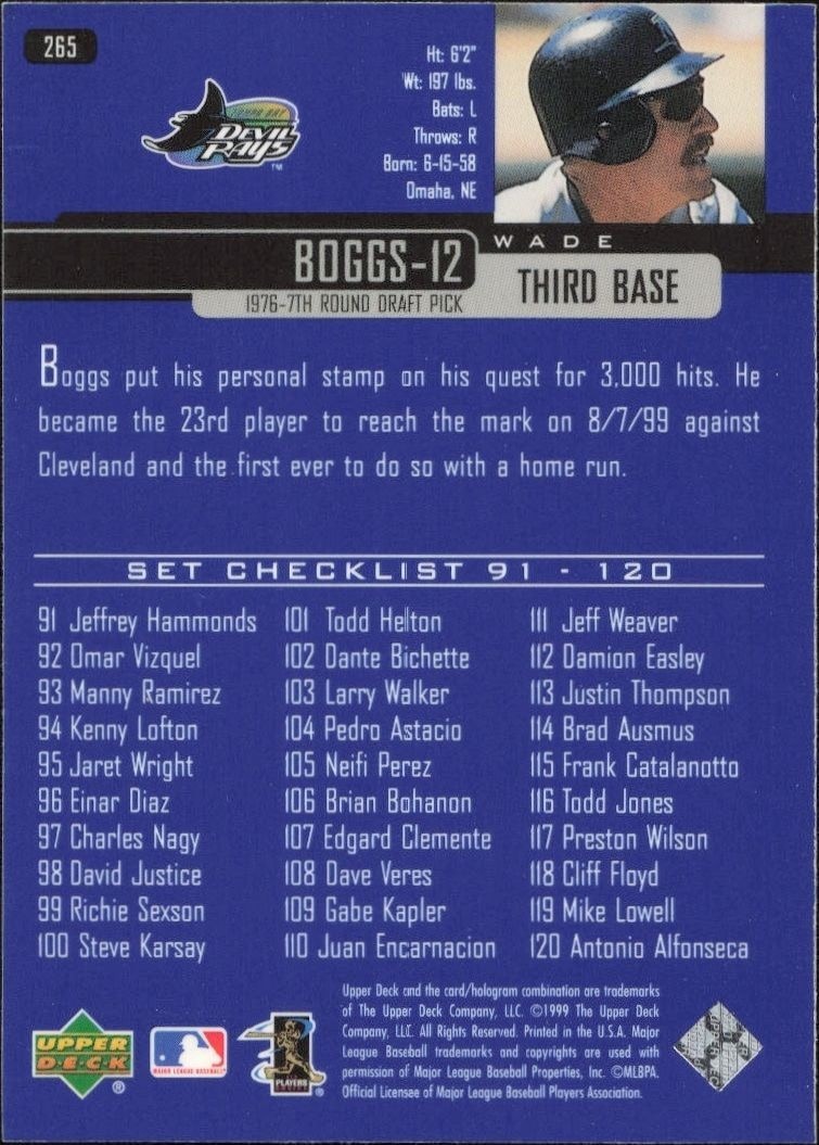 2000 Upper Deck Wade Boggs #265 baseball trading card back