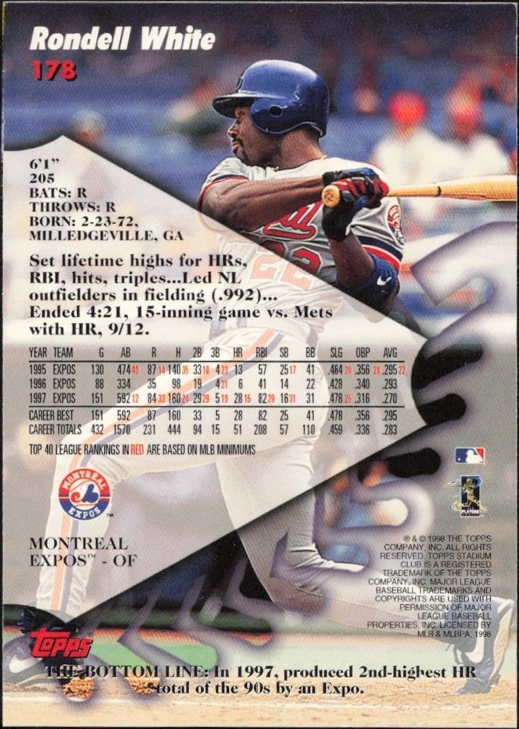 1998 Topps Stadium Club Rondell White #178 baseball trading card back