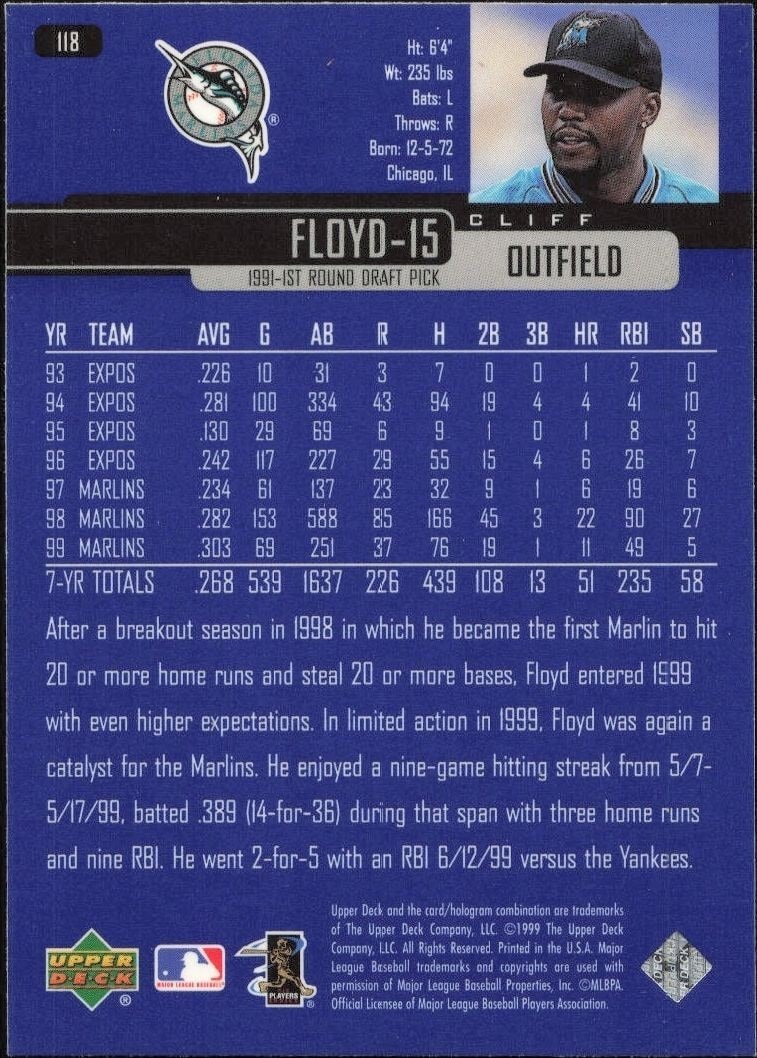 2000 Upper Deck Cliff Floyd #207 baseball trading card back