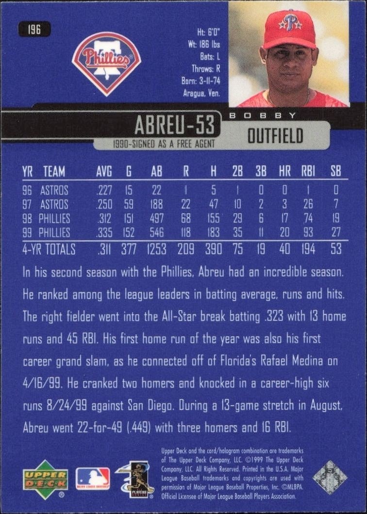 2000 Upper Deck Bobby Abreu #234 baseball trading card back