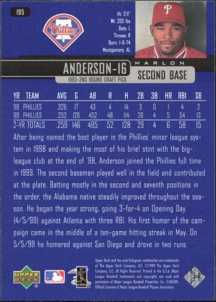2000 Upper Deck Marlon Anderson #195 baseball trading card back