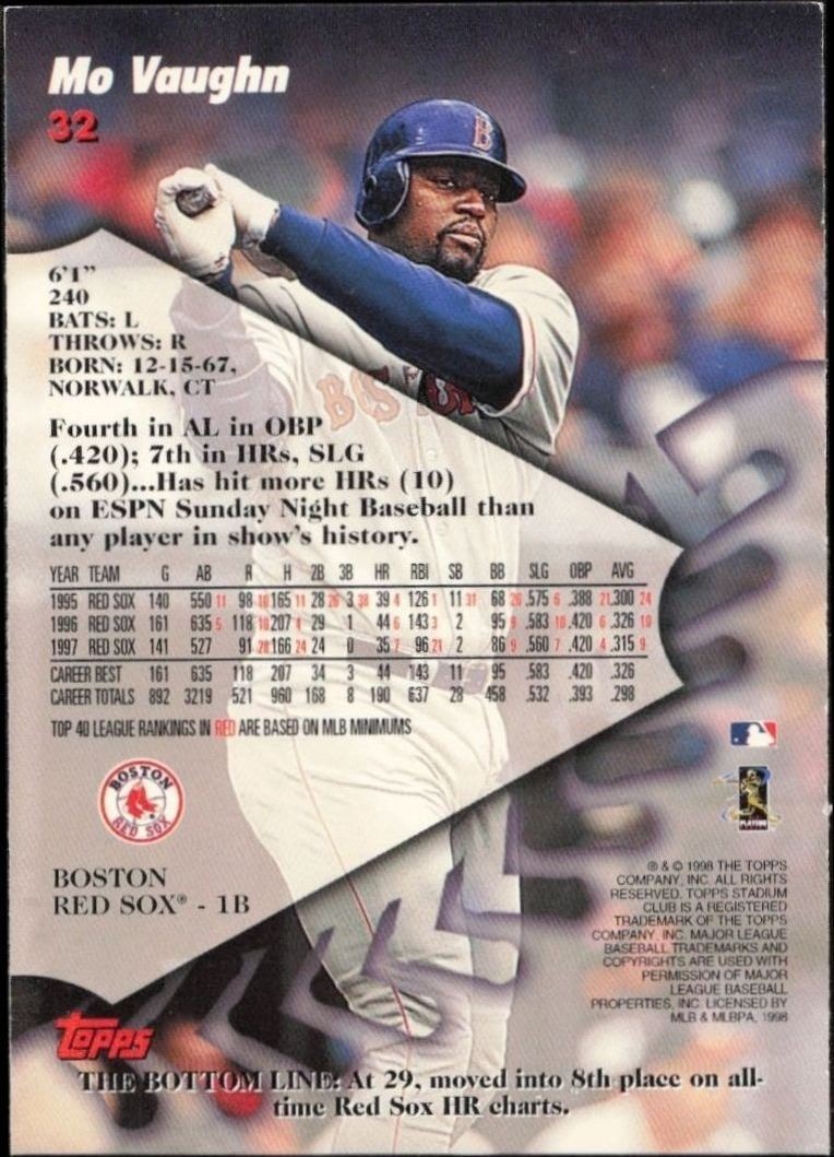 1998 Topps Stadium Club Mo Vaughn #32 baseball trading card back