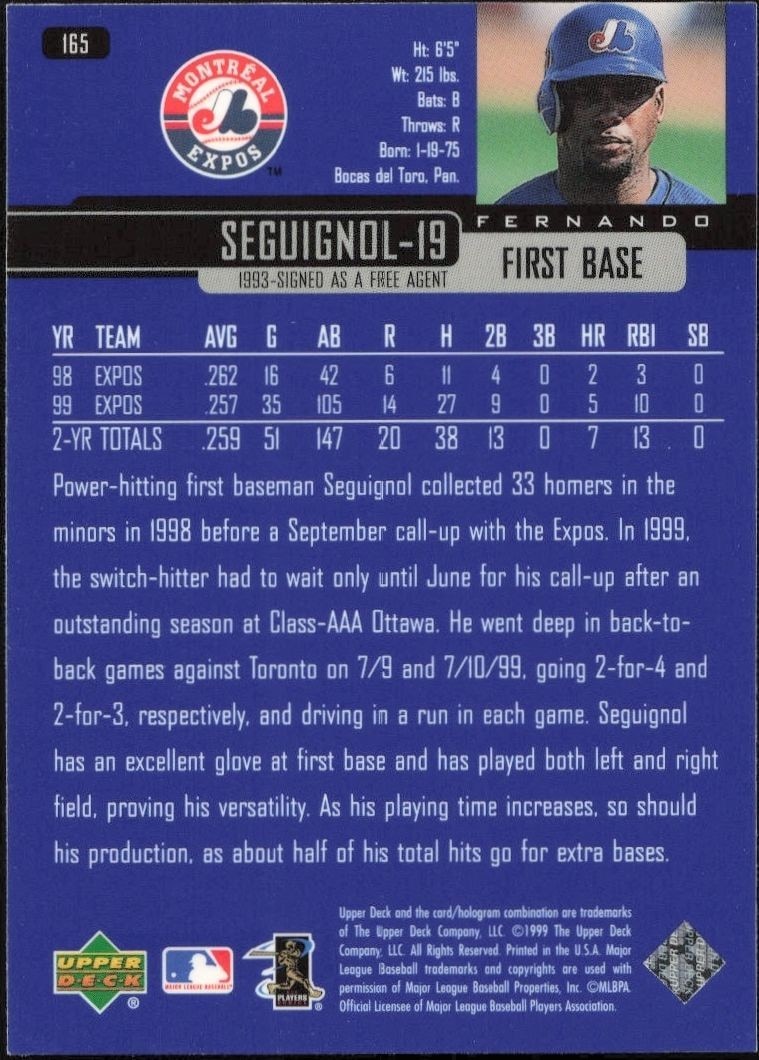 2000 Upper Deck Fernando Seguignol #165 baseball trading card back