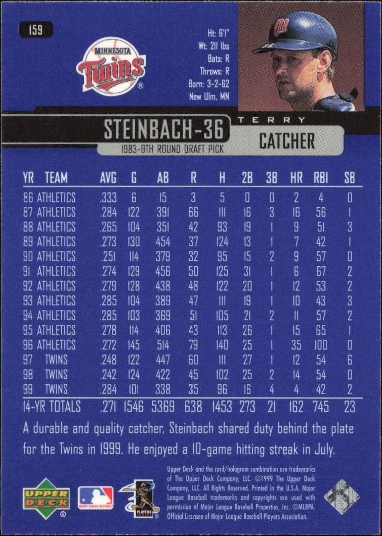 2000 Upper Deck Terry Steinbach #159 baseball trading card back